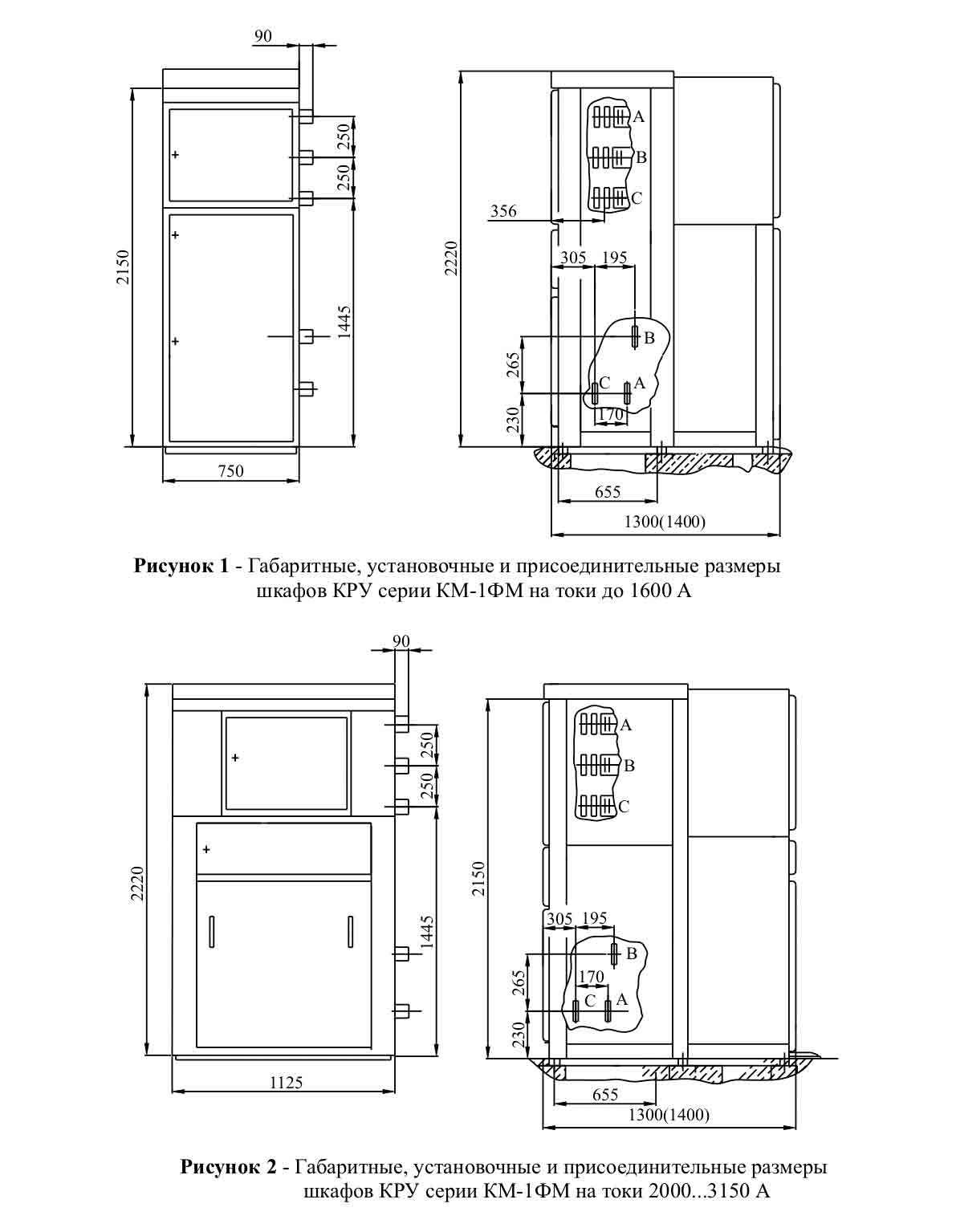 Габаритные размеры комплектного распределительного устройства КМ-1Ф-(6)10-20 У3 (Т3)